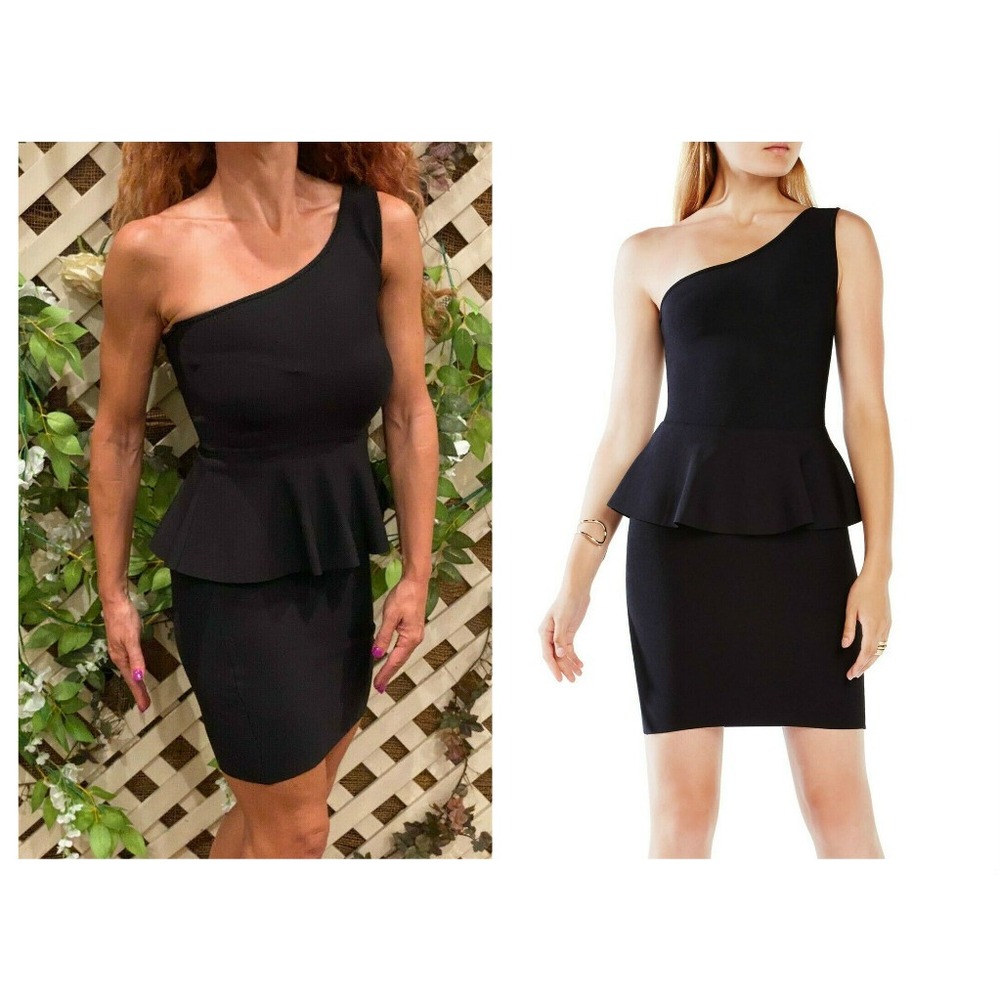 BCBG MAX AZRIA MALIA BLACK KNIT ONE SHOULDER PEPLUM  STRETCH COCKTAIL DRESS XXS